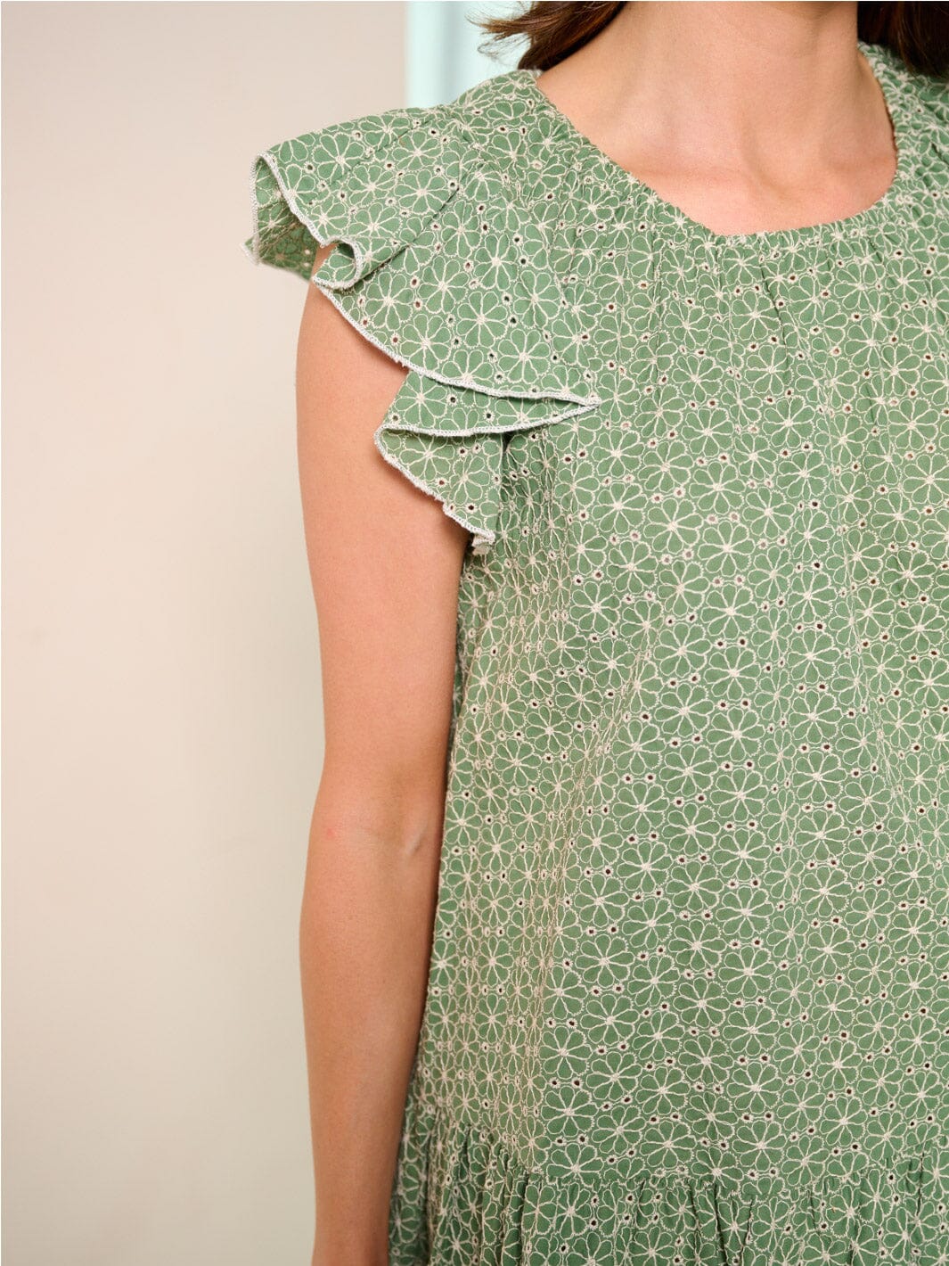 WOMEN'S RUFFLE SLEEVES POCKETS EYELET MINI DRESS