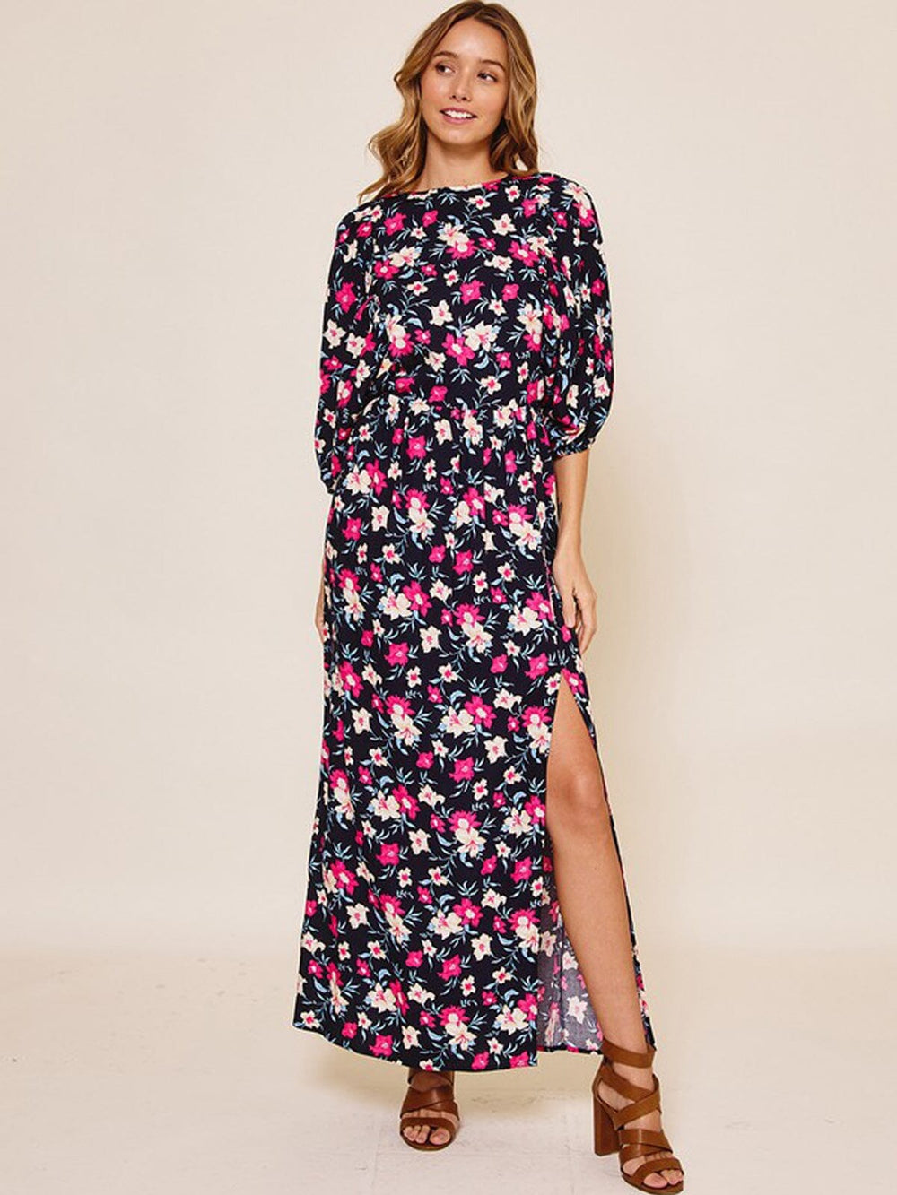 WOMEN'S 3/4 SLEEVE LACE UP BACK FLORAL MAXI DRESS