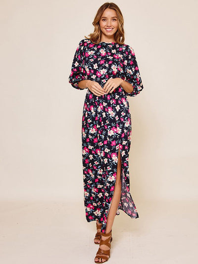 WOMEN'S 3/4 SLEEVE LACE UP BACK FLORAL MAXI DRESS