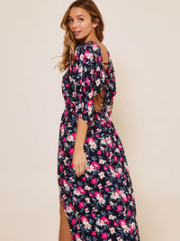 WOMEN'S 3/4 SLEEVE LACE UP BACK FLORAL MAXI DRESS