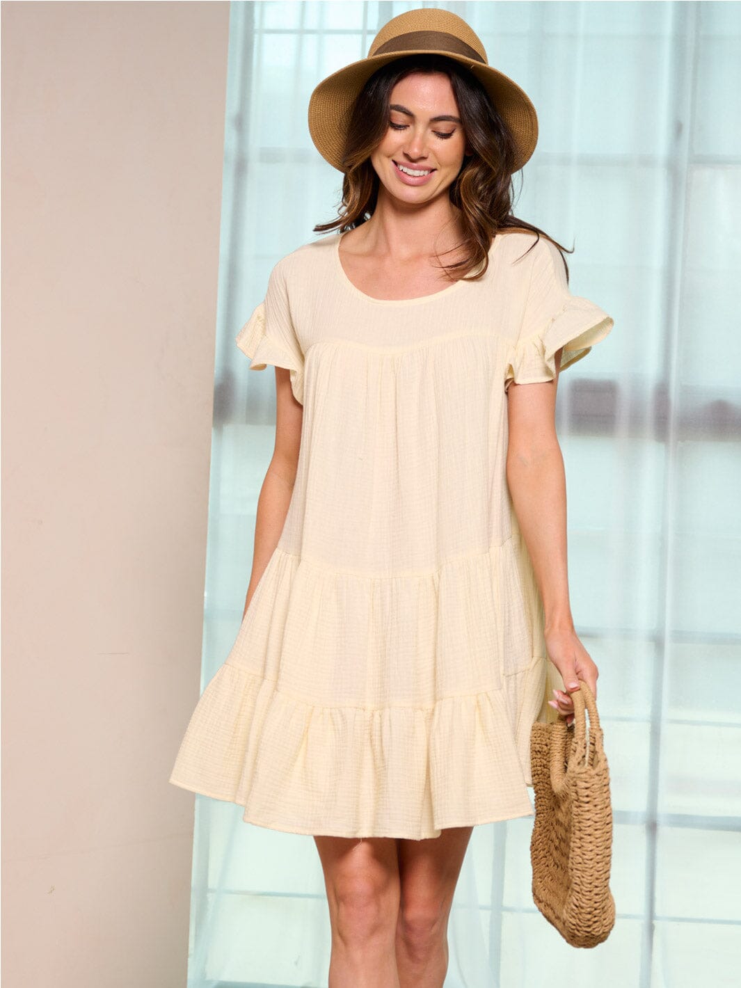 WOMEN'S SHORT RUFFLE SLEEVES TIEED TUNIC MINI DRESS