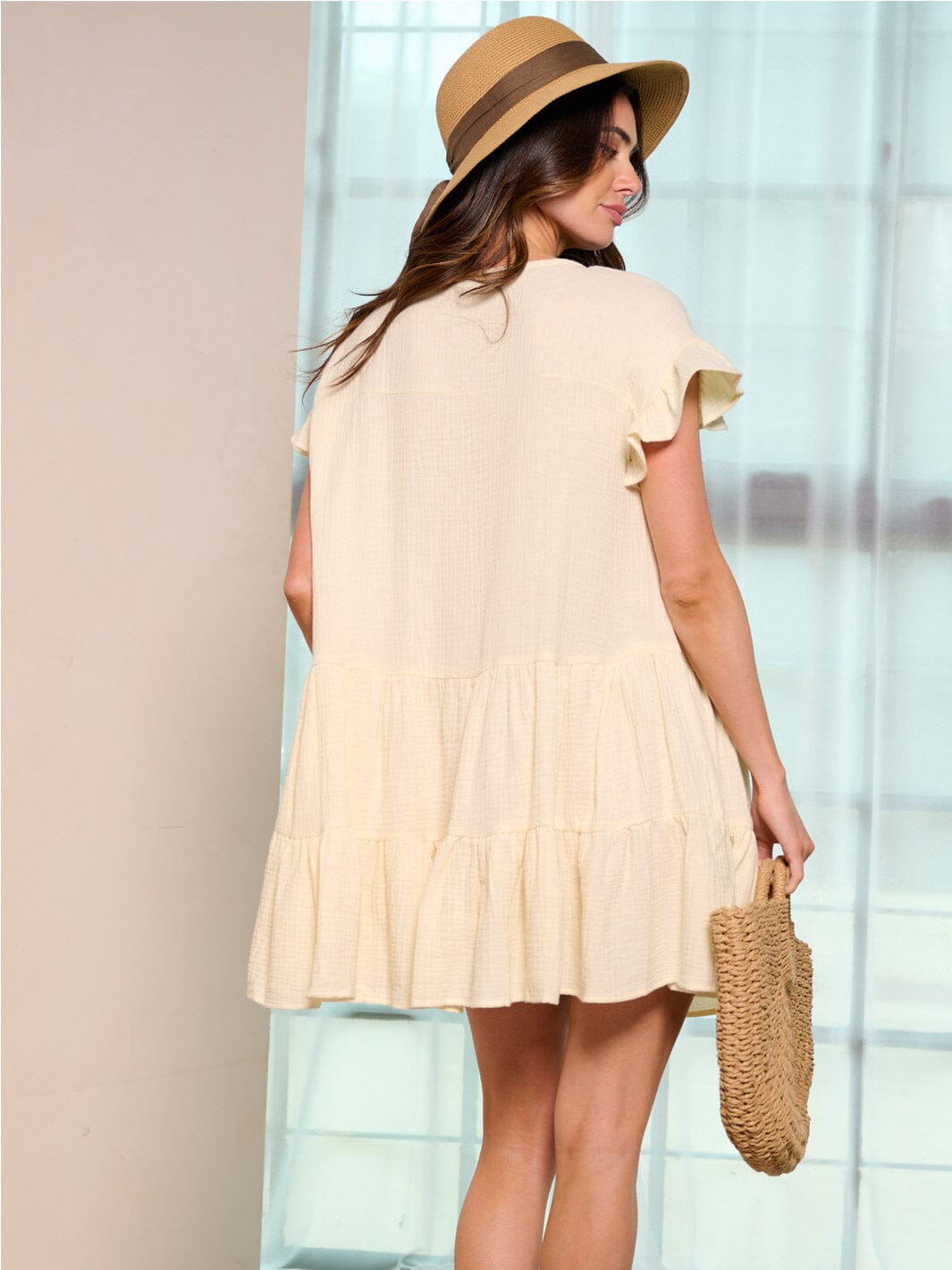 WOMEN'S SHORT RUFFLE SLEEVES TIEED TUNIC MINI DRESS