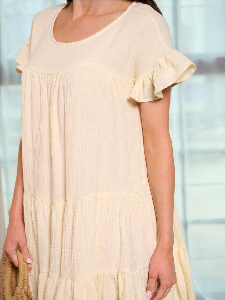 WOMEN'S SHORT RUFFLE SLEEVES TIEED TUNIC MINI DRESS