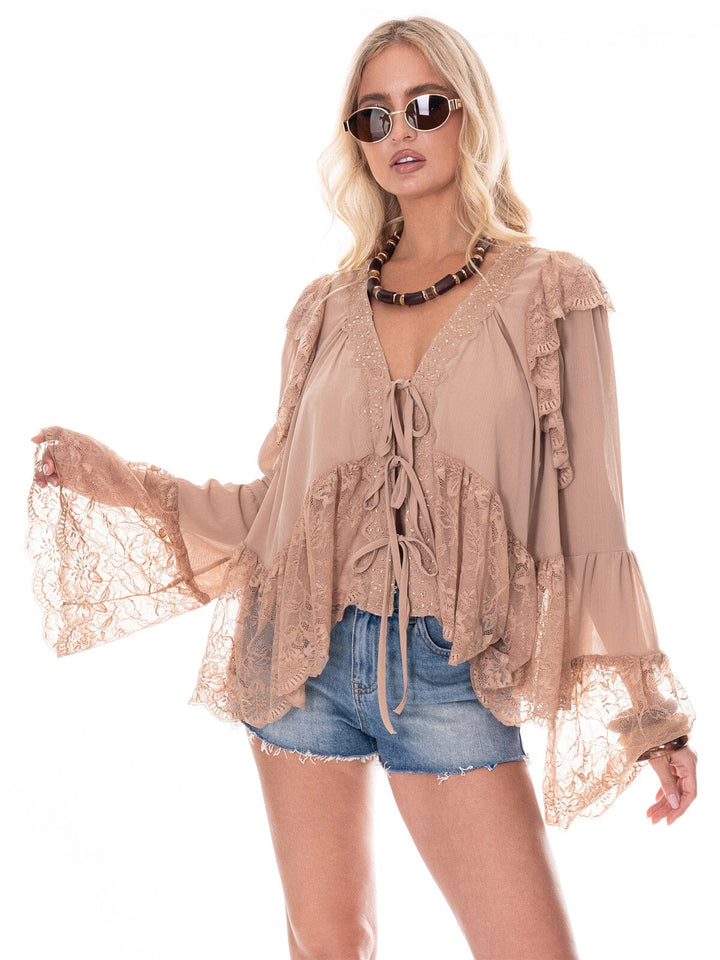 WOMEN'S LONG BELL SLEEVE V-NECK HIGH-LOW LACE BLOUSE