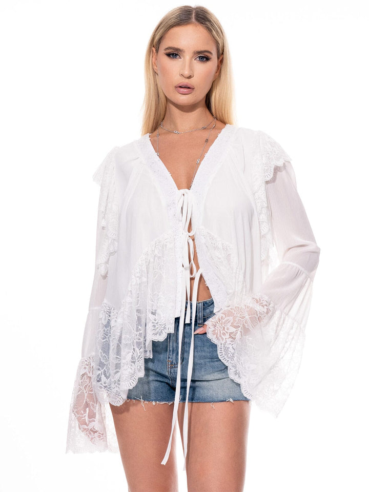 WOMEN'S LONG BELL SLEEVE V-NECK HIGH-LOW LACE BLOUSE