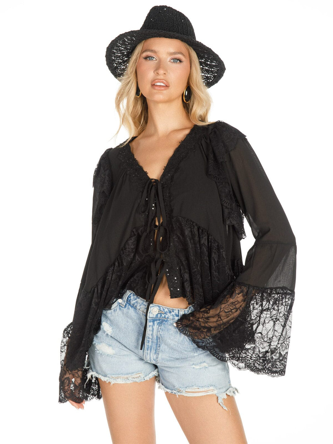 WOMEN'S LONG BELL SLEEVE V-NECK HIGH-LOW LACE BLOUSE