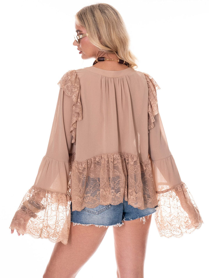 WOMEN'S LONG BELL SLEEVE V-NECK HIGH-LOW LACE BLOUSE