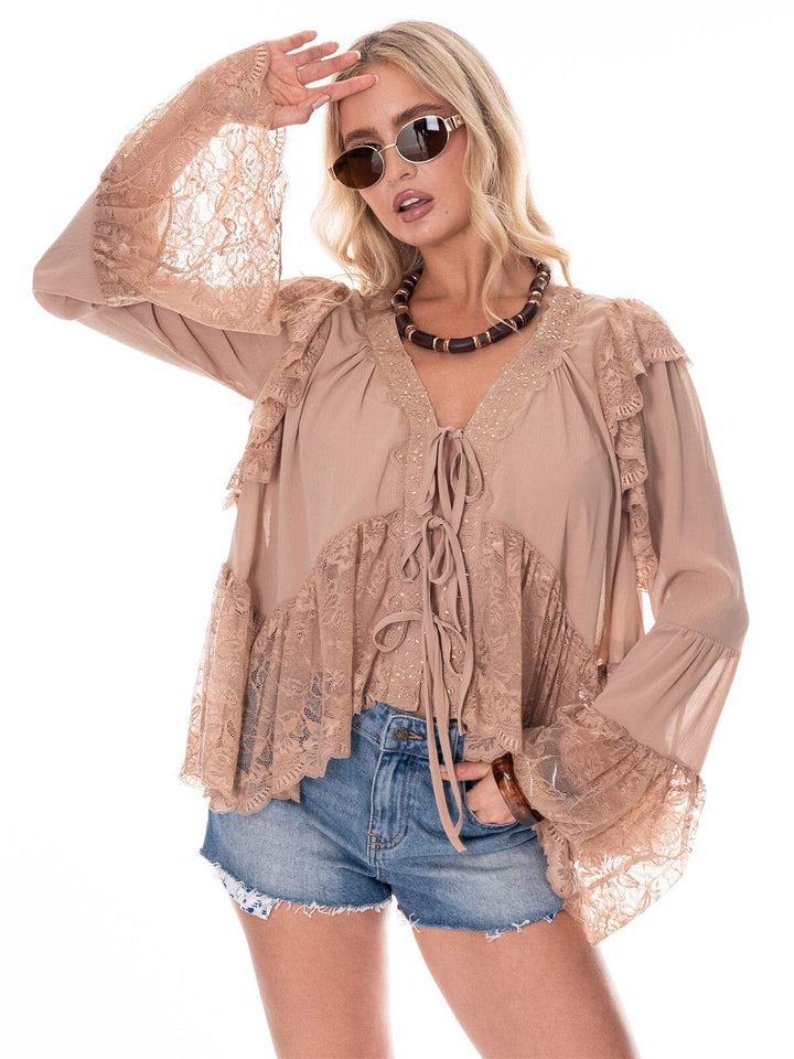 WOMEN'S LONG BELL SLEEVE V-NECK HIGH-LOW LACE BLOUSE