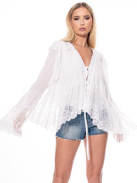 WOMEN'S LONG BELL SLEEVE V-NECK HIGH-LOW LACE BLOUSE