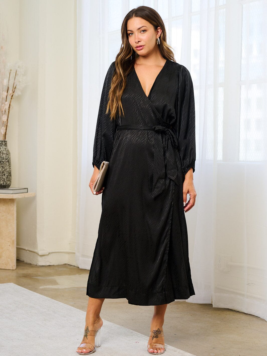 WOMEN'S LONG SLEEVE SURPLICE SELF TIE SLIT MAXI DRESS