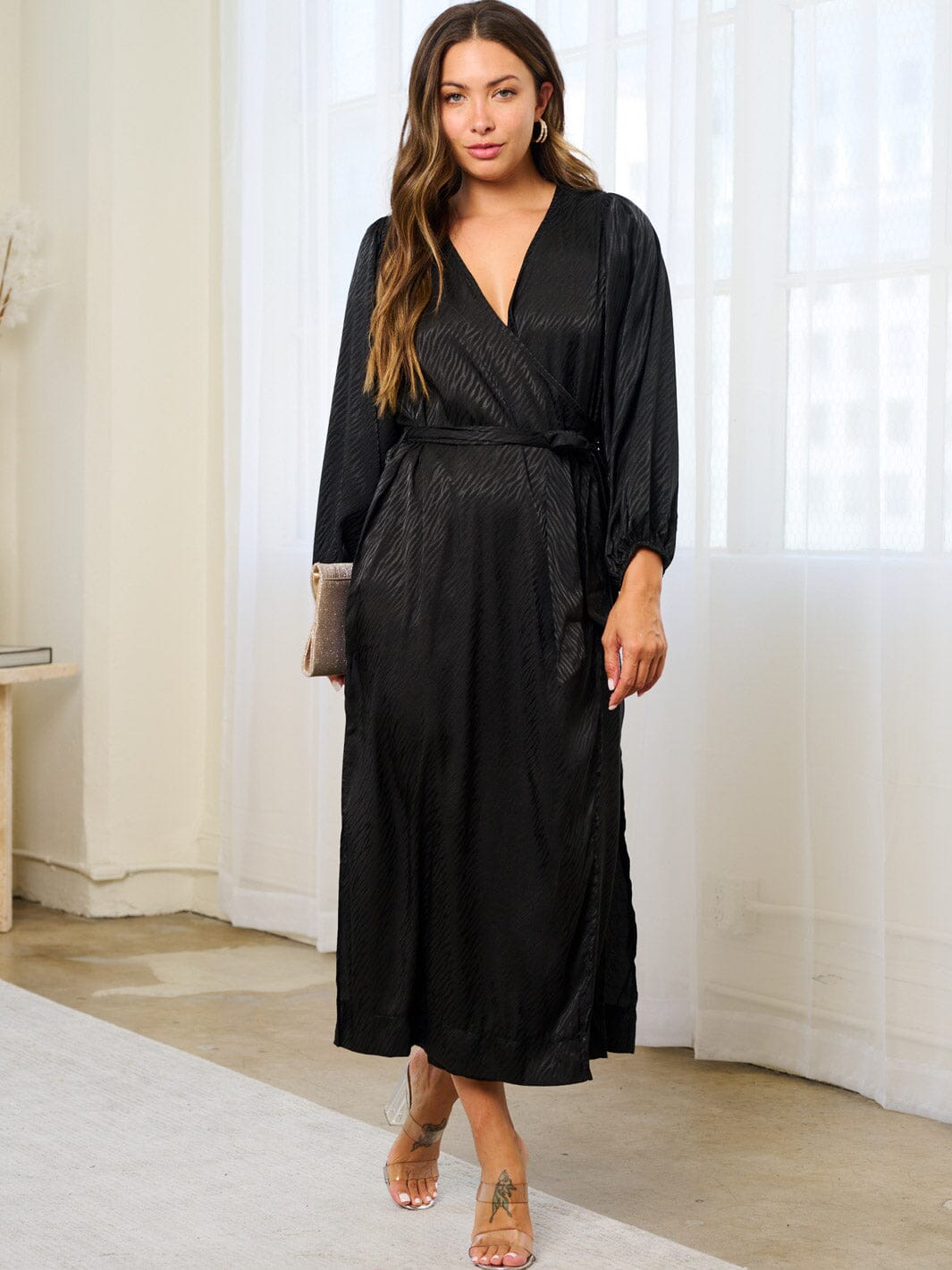 WOMEN'S LONG SLEEVE SURPLICE SELF TIE SLIT MAXI DRESS