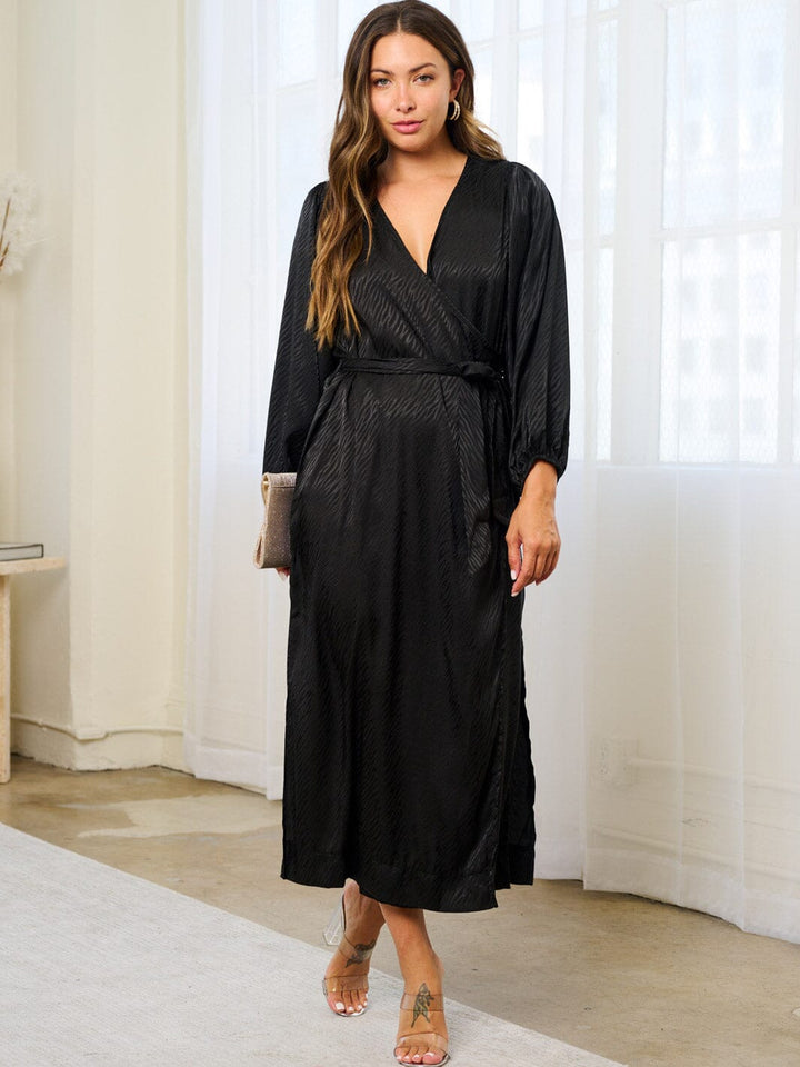WOMEN'S LONG SLEEVE SURPLICE SELF TIE SLIT MAXI DRESS