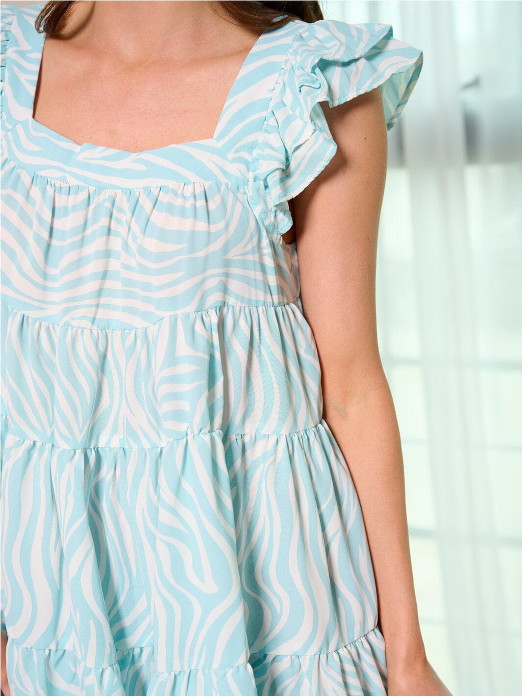WOMEN'S RUFFLE SLEEVES SQUARE NECK TIERED PRINTED MINI DRESS
