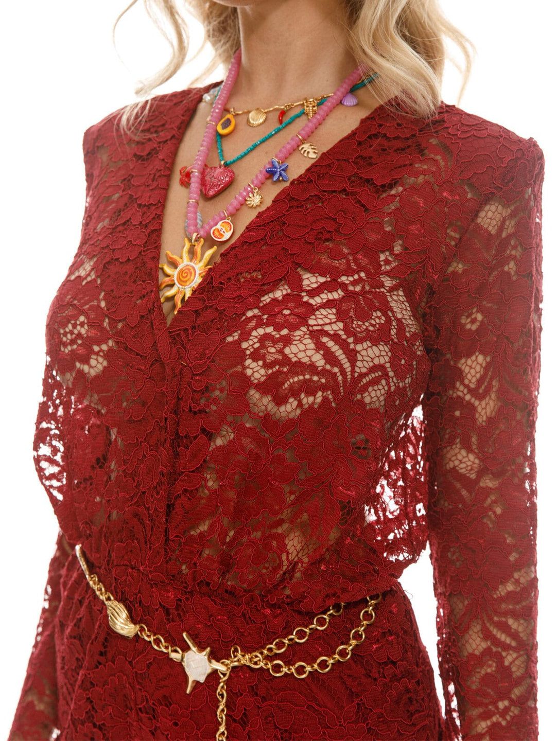 WOMEN'S LONG BELL SLEEVE SURPLICE ELASTIC WAIST LACE ROMPER