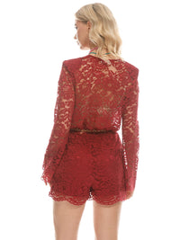 WOMEN'S LONG BELL SLEEVE SURPLICE ELASTIC WAIST LACE ROMPER