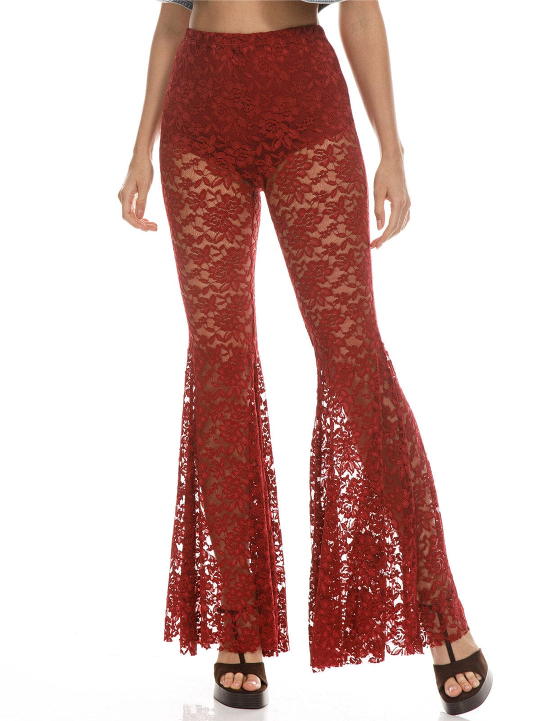 WOMEN'S ELASTIC WAIST ALL OVER LACE BELL BOTTOM PANTS