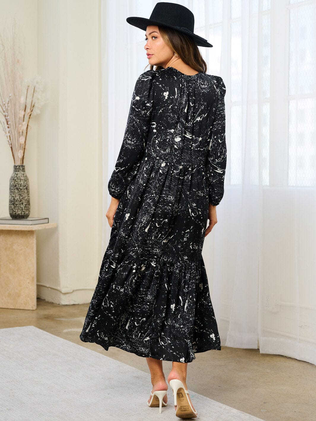 WOMEN'S LONG SLEEVE BUTTON UP POCKETS PRINTED MAXI DRESS