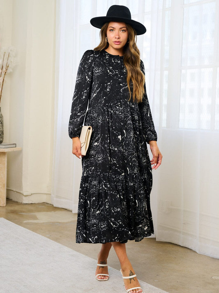 WOMEN'S LONG SLEEVE BUTTON UP POCKETS PRINTED MAXI DRESS