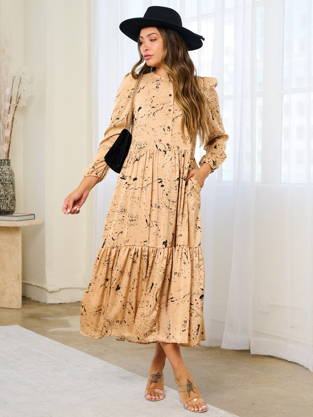 WOMEN'S LONG SLEEVE BUTTON UP POCKETS PRINTED MAXI DRESS