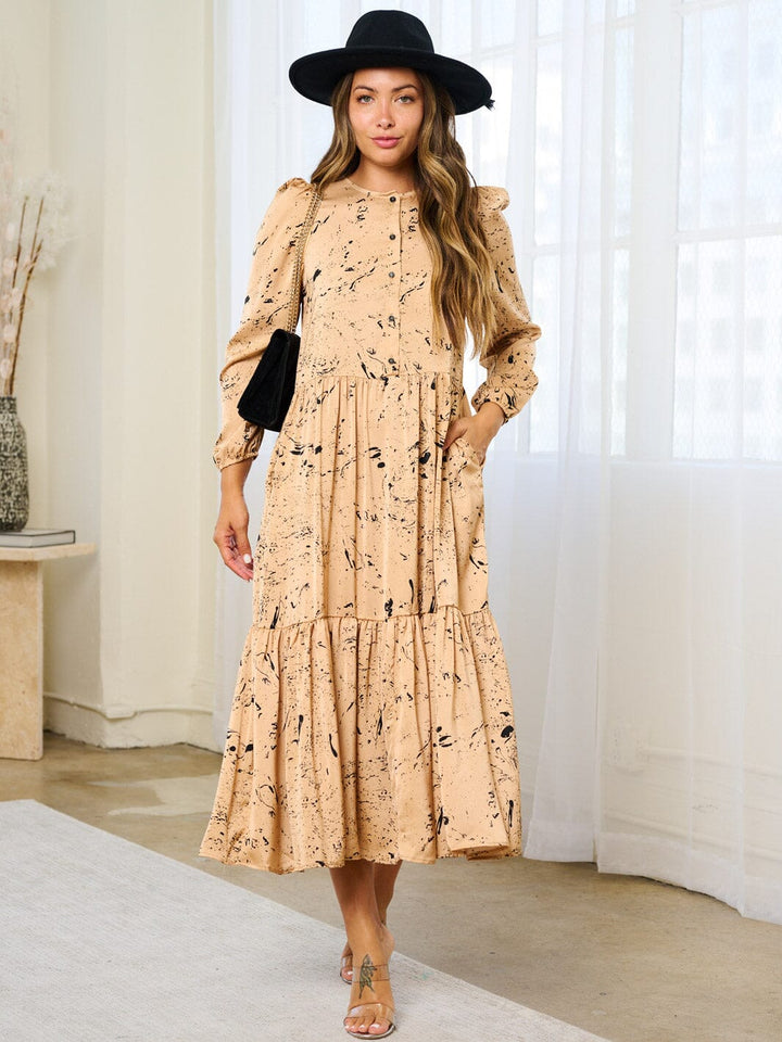 WOMEN'S LONG SLEEVE BUTTON UP POCKETS PRINTED MAXI DRESS