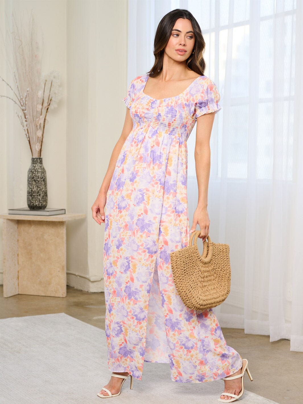 WOMEN'S SHORT SLEEVE SMOCK FRONT SLIT FLORAL MAXI DRESS