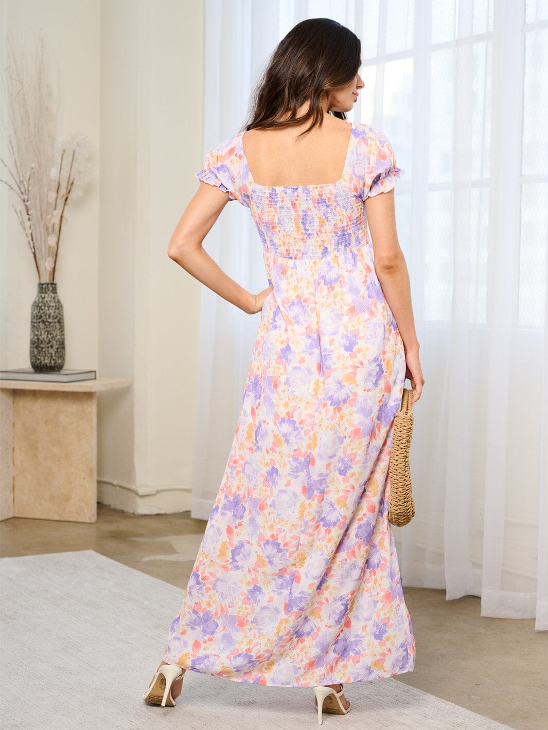 WOMEN'S SHORT SLEEVE SMOCK FRONT SLIT FLORAL MAXI DRESS