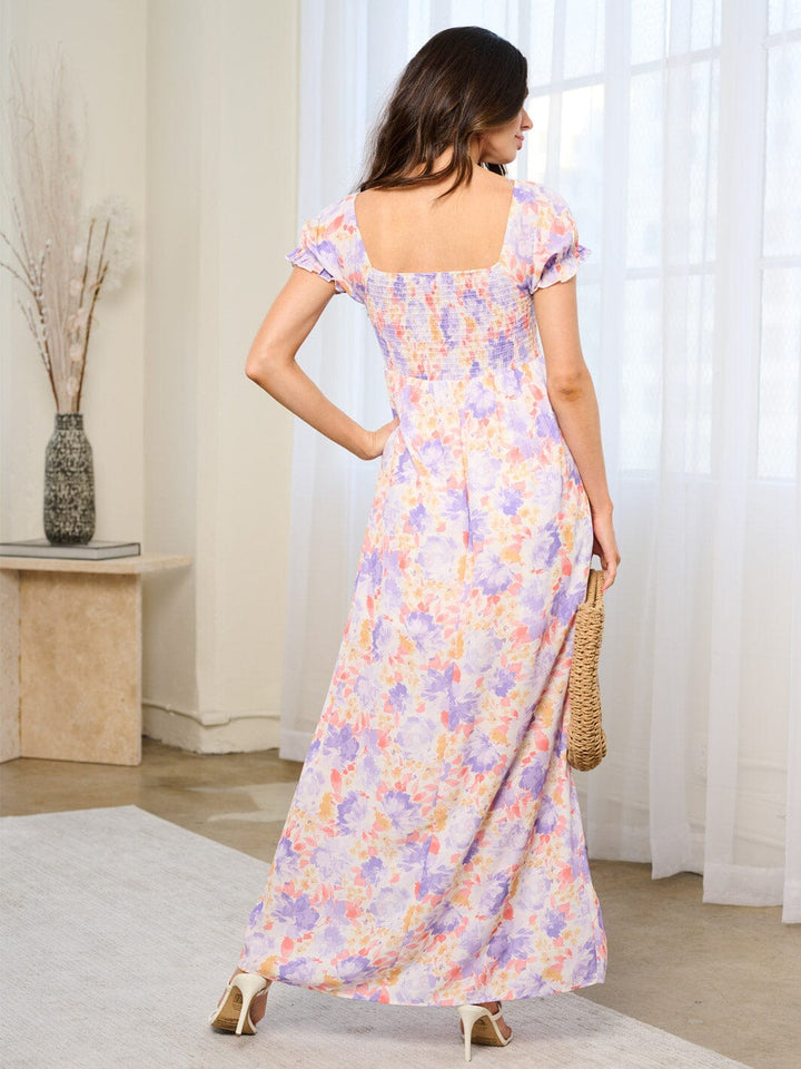 WOMEN'S SHORT SLEEVE SMOCK FRONT SLIT FLORAL MAXI DRESS