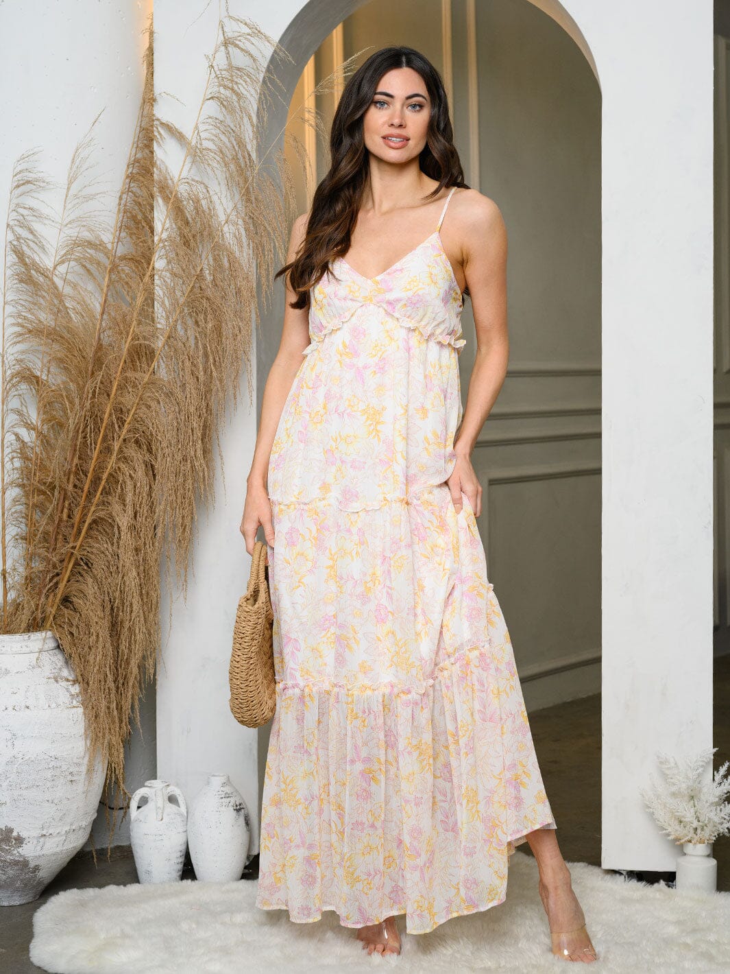 WOMEN'S SLEEVELESS V-NECK TIERED FLORAL MAXI DRESS