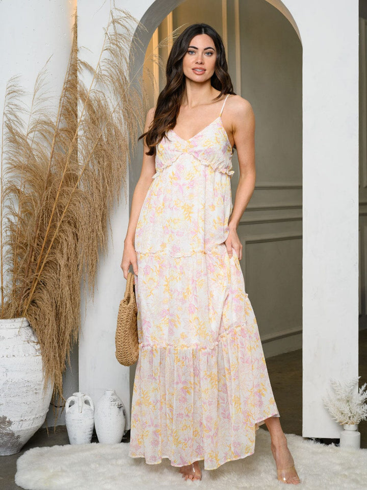 WOMEN'S SLEEVELESS V-NECK TIERED FLORAL MAXI DRESS
