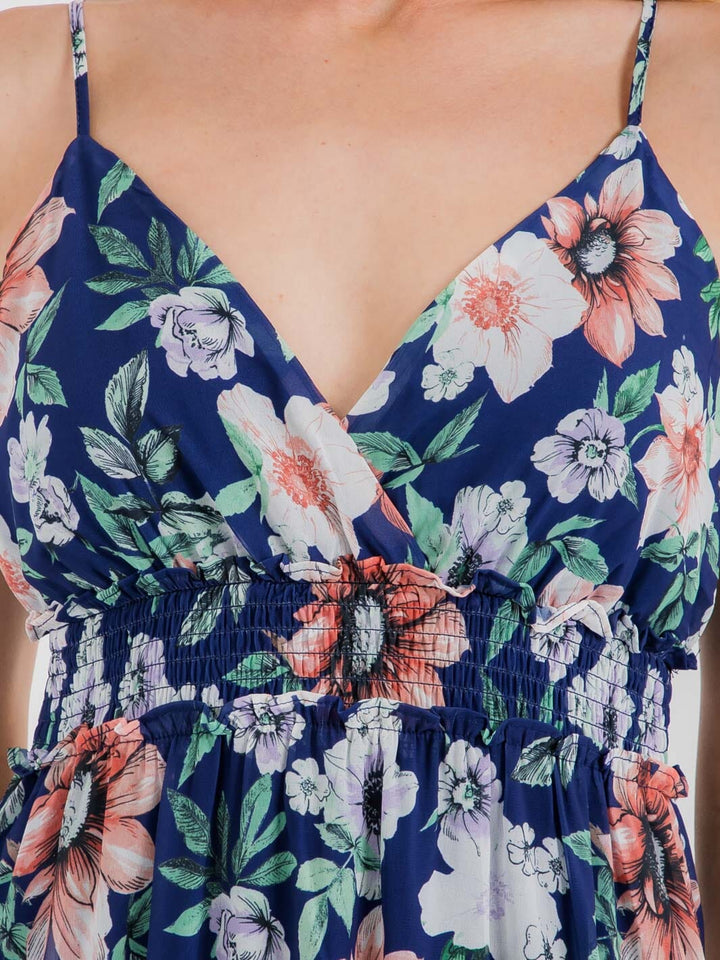 WOMEN'S SLEEVELESS V-NECK ELASTIC WAIST OPEN BACK FLORAL MAXI DRESS