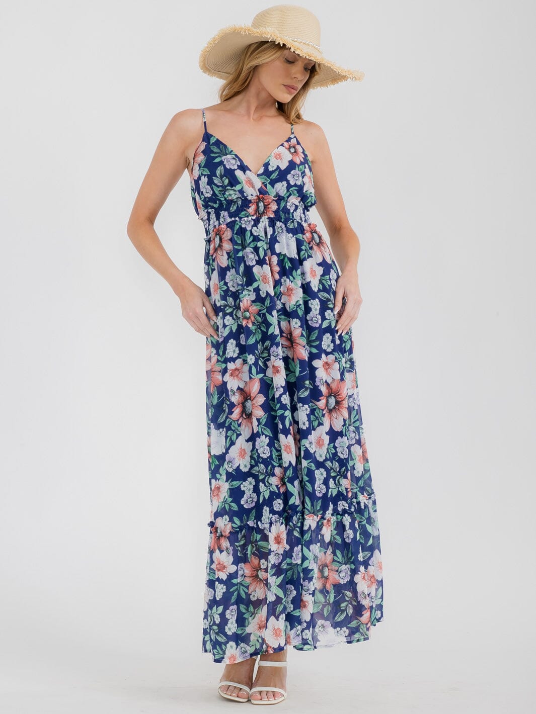 WOMEN'S SLEEVELESS V-NECK ELASTIC WAIST OPEN BACK FLORAL MAXI DRESS