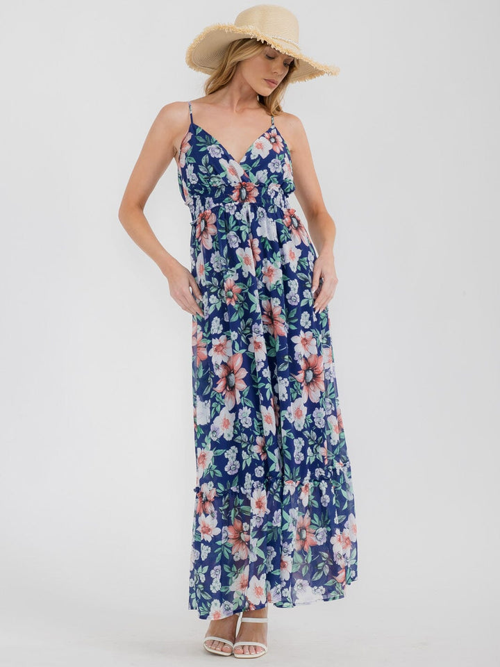 WOMEN'S SLEEVELESS V-NECK ELASTIC WAIST OPEN BACK FLORAL MAXI DRESS