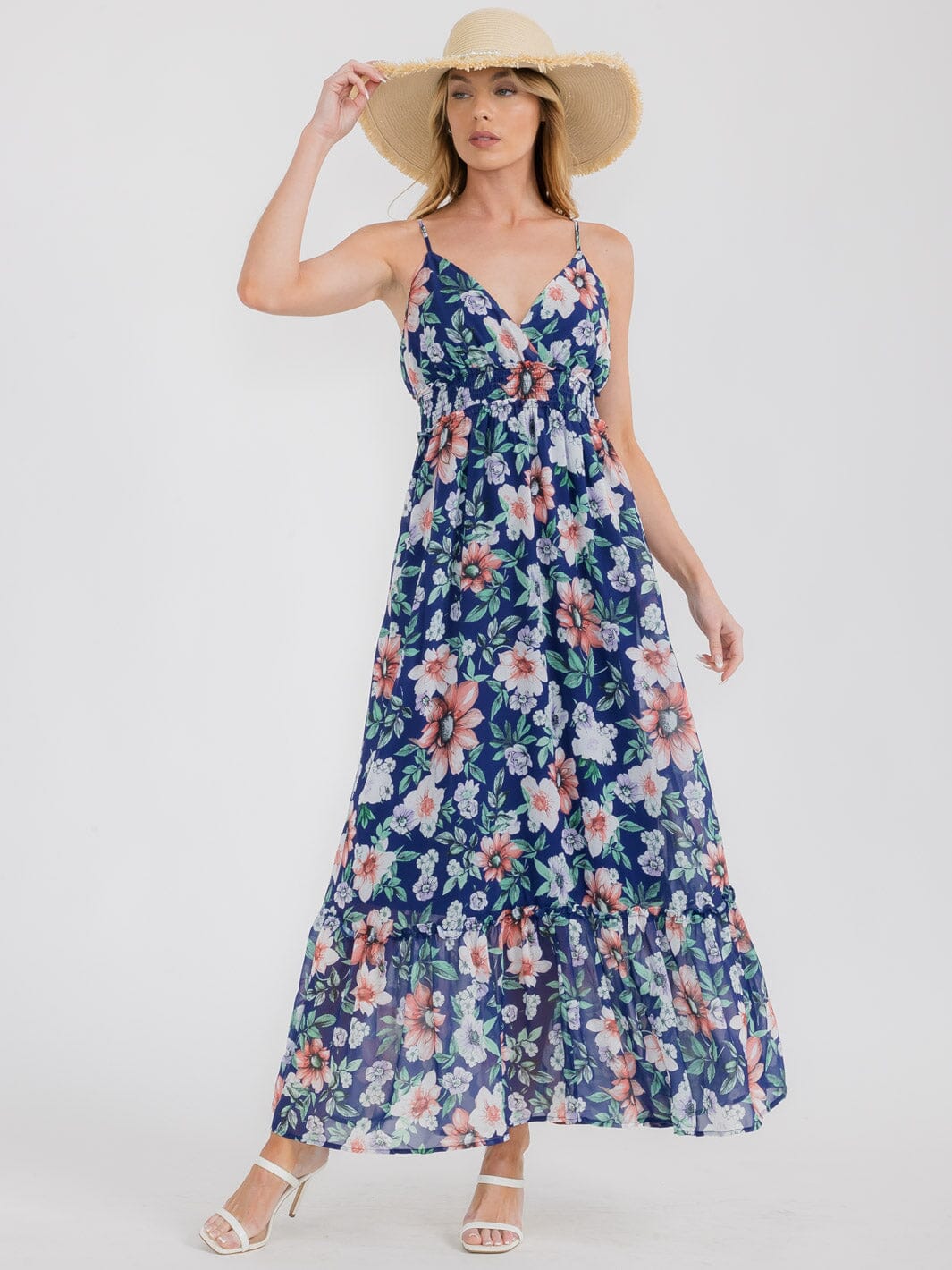 WOMEN'S SLEEVELESS V-NECK ELASTIC WAIST OPEN BACK FLORAL MAXI DRESS