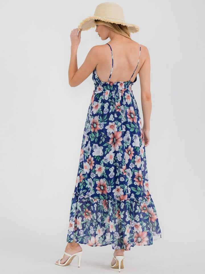 WOMEN'S SLEEVELESS V-NECK ELASTIC WAIST OPEN BACK FLORAL MAXI DRESS