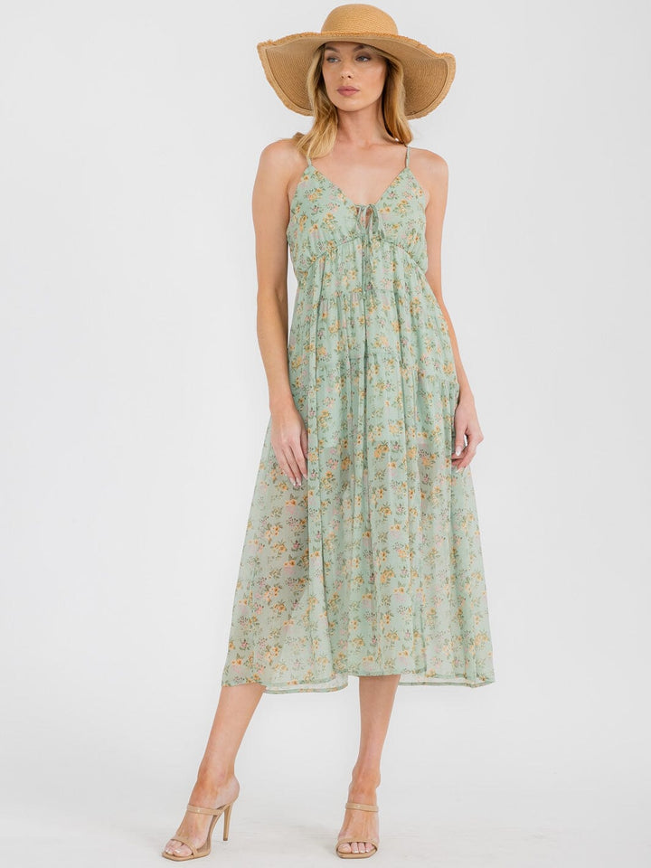 WOMEN'S SLEEVELESS V-NECK TIERED FLORAL MIDI DRESS