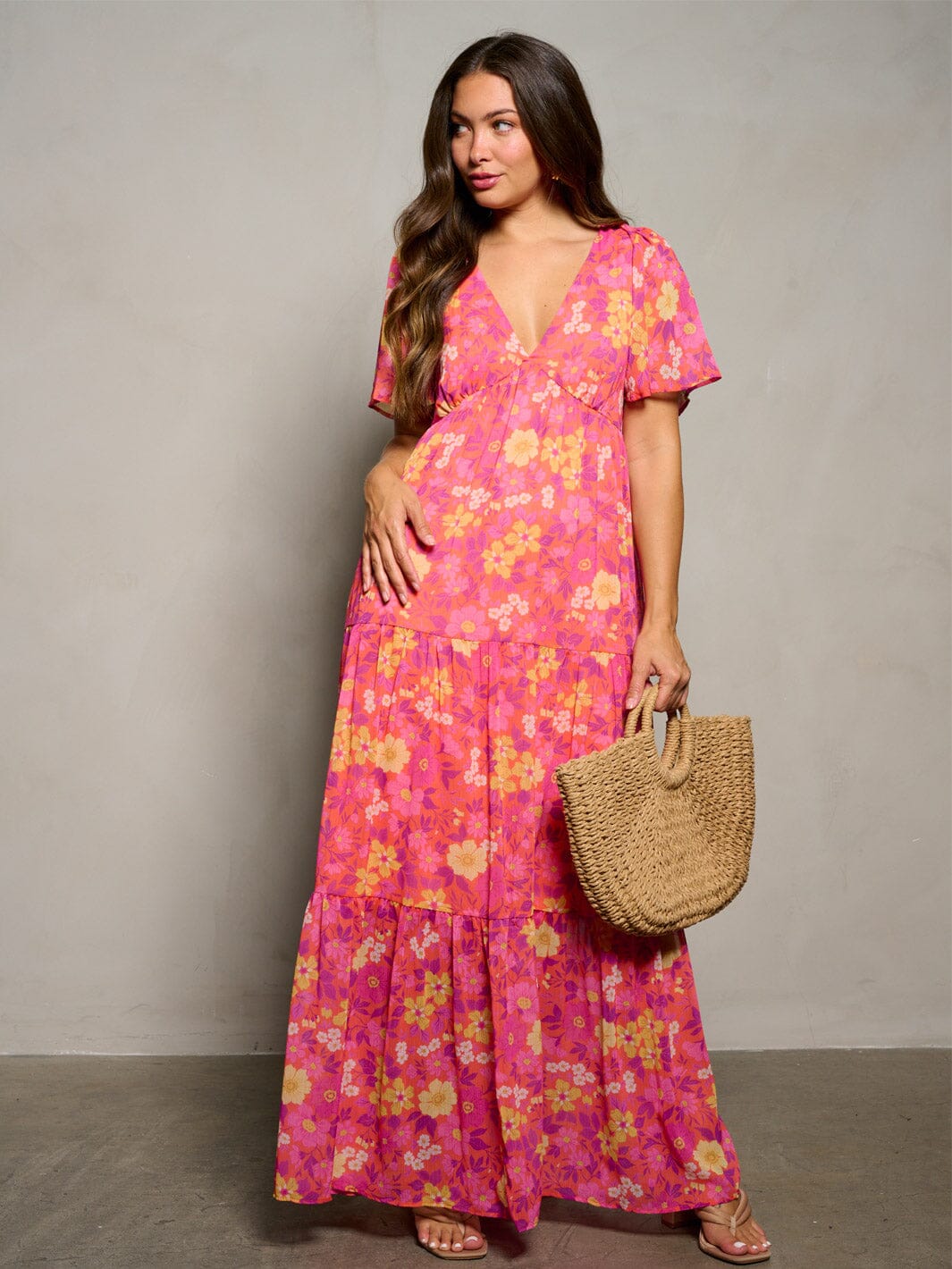 WOMEN'S SHORT RUFFLE SLEEVE V-NECK OPEN BACK FLORAL PRINT MAXI DRESS