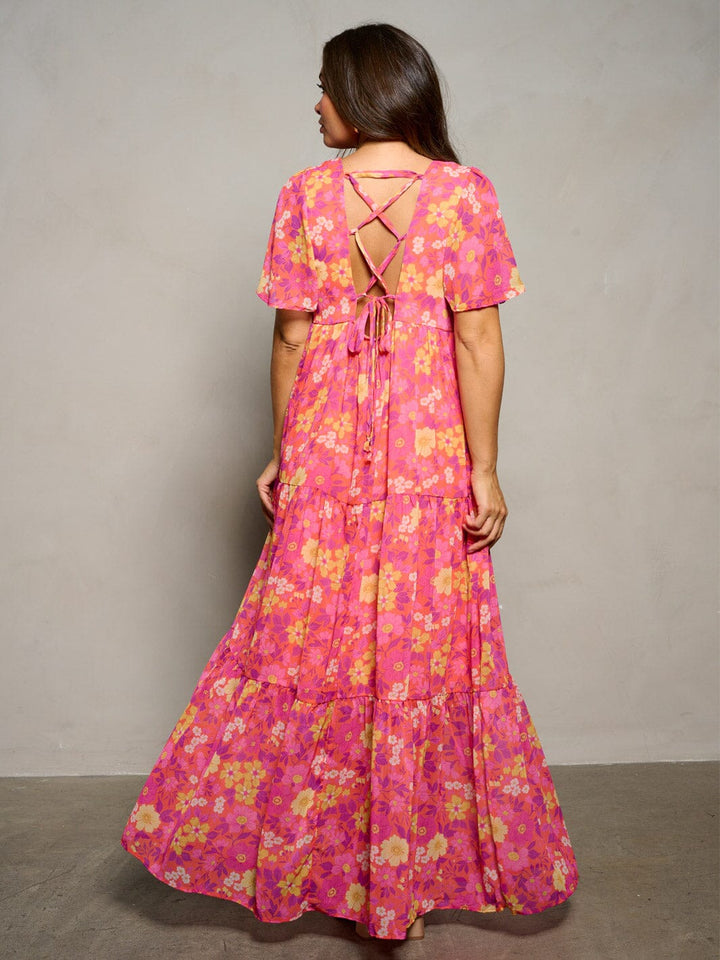 WOMEN'S SHORT RUFFLE SLEEVE V-NECK OPEN BACK FLORAL PRINT MAXI DRESS
