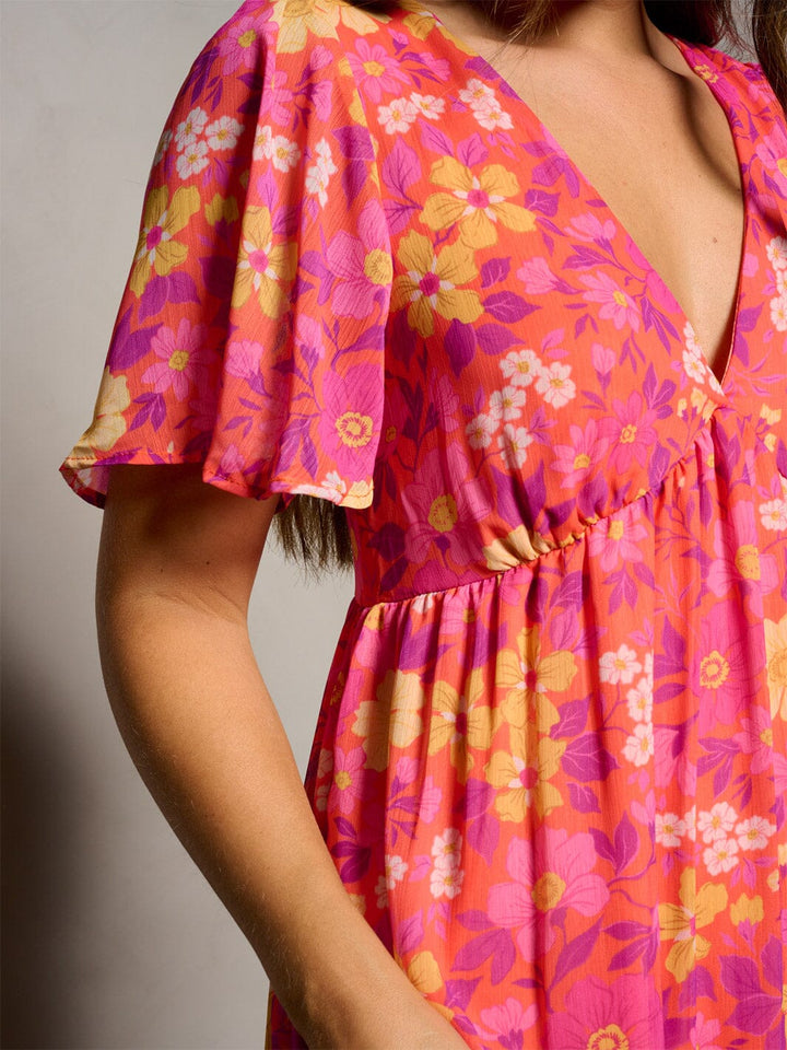WOMEN'S SHORT RUFFLE SLEEVE V-NECK OPEN BACK FLORAL PRINT MAXI DRESS