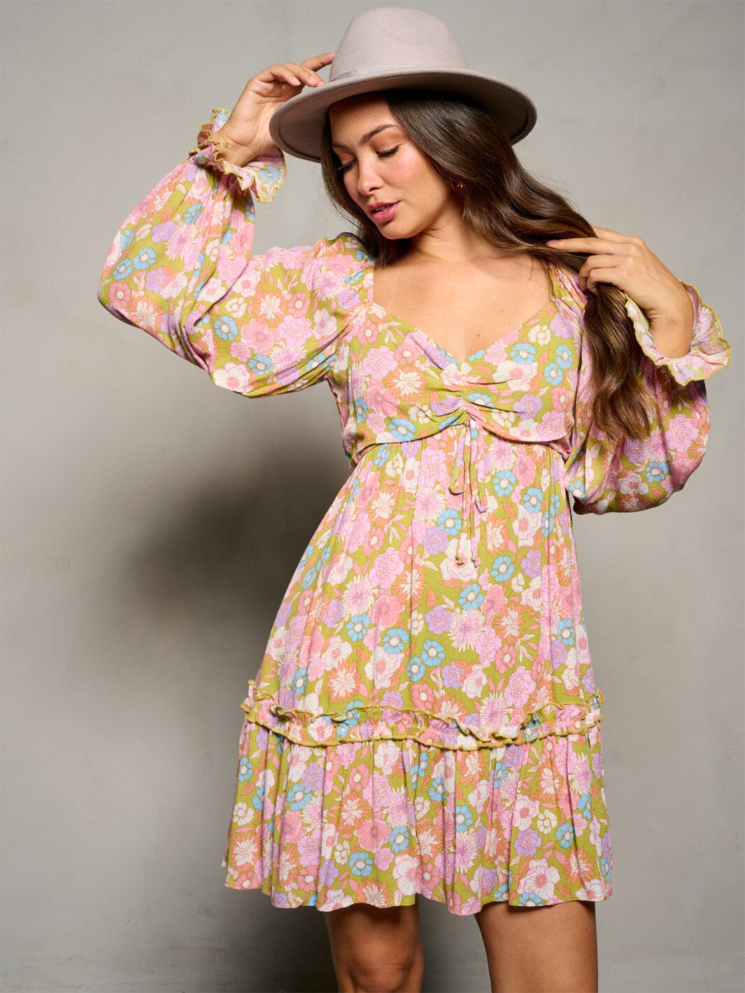 WOMEN'S LONG SLEEVE V-NECK ELASTIC WAIST FLORAL MINI DRESS