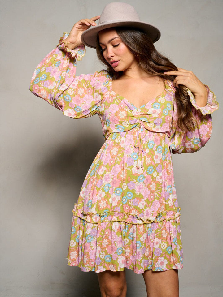 WOMEN'S LONG SLEEVE V-NECK ELASTIC WAIST FLORAL MINI DRESS