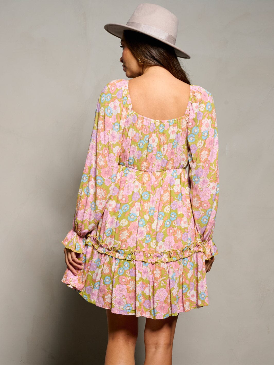 WOMEN'S LONG SLEEVE V-NECK ELASTIC WAIST FLORAL MINI DRESS