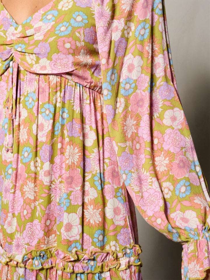 WOMEN'S LONG SLEEVE V-NECK ELASTIC WAIST FLORAL MINI DRESS