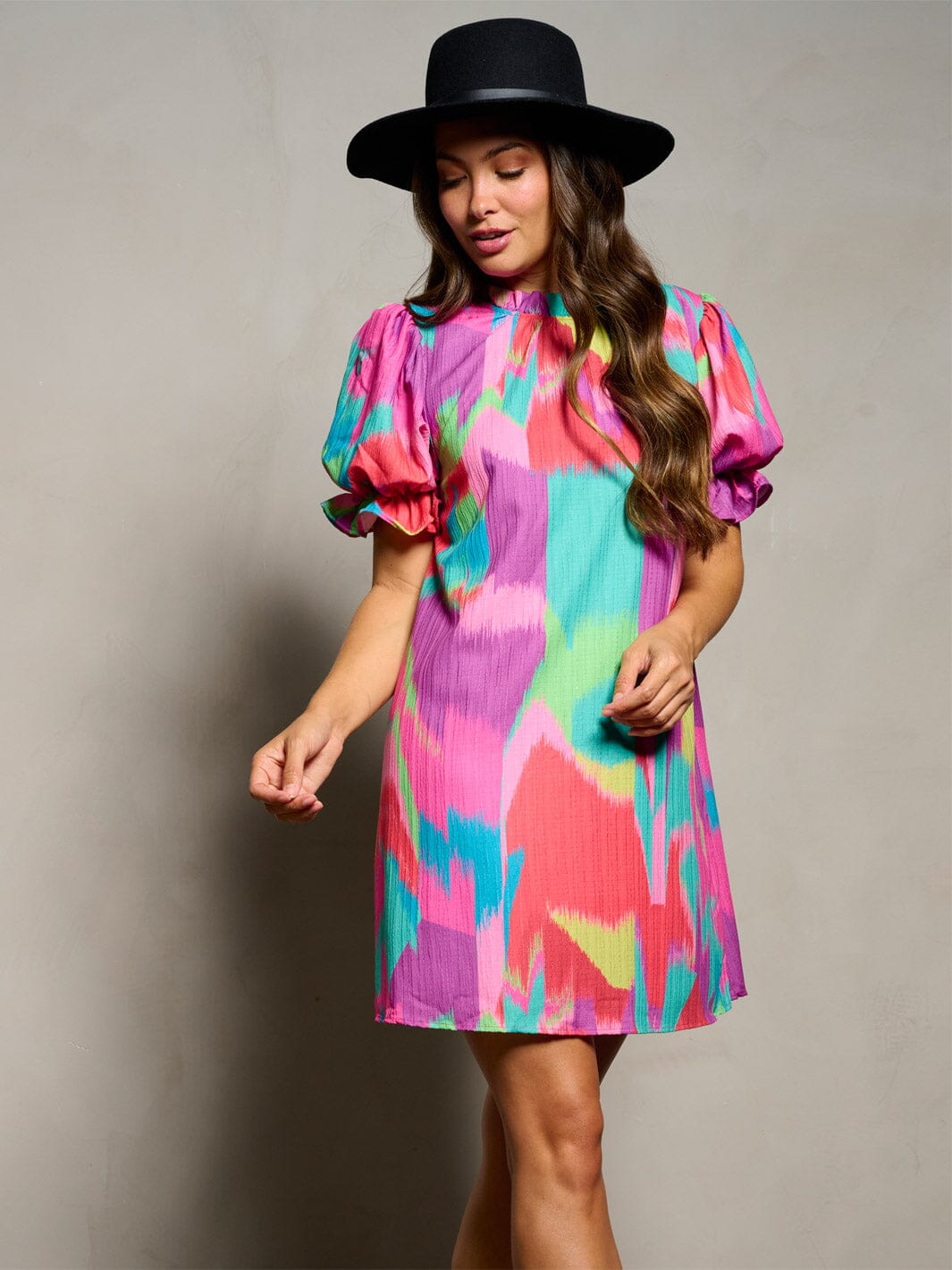 WOMEN'S SHORT PUFF SLEEVE MOCK NECK MULTI PRINT MINI DRESS