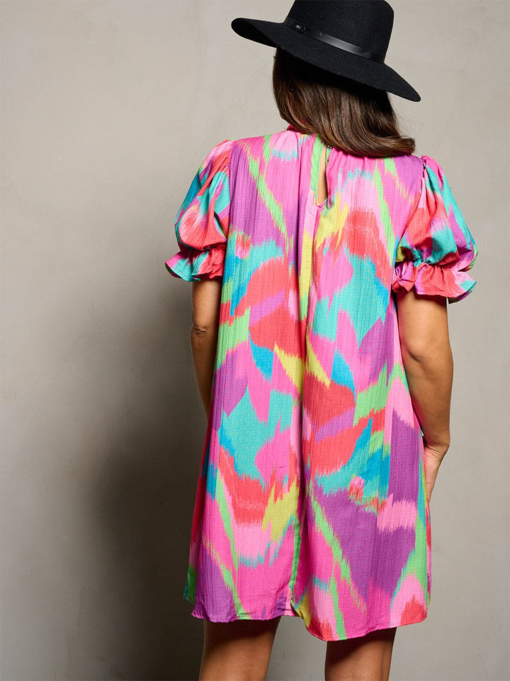 WOMEN'S SHORT PUFF SLEEVE MOCK NECK MULTI PRINT MINI DRESS