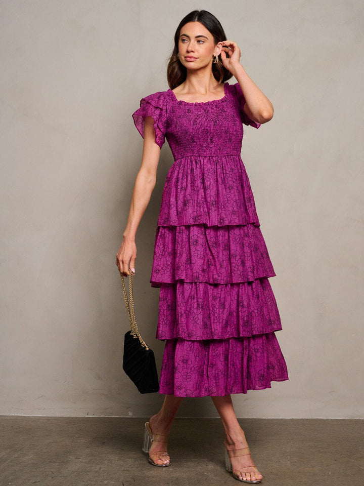 WOMEN'S SHORT SLEEVE SMOCK TIERED RUFFLE FLORAL MAXI DRESS