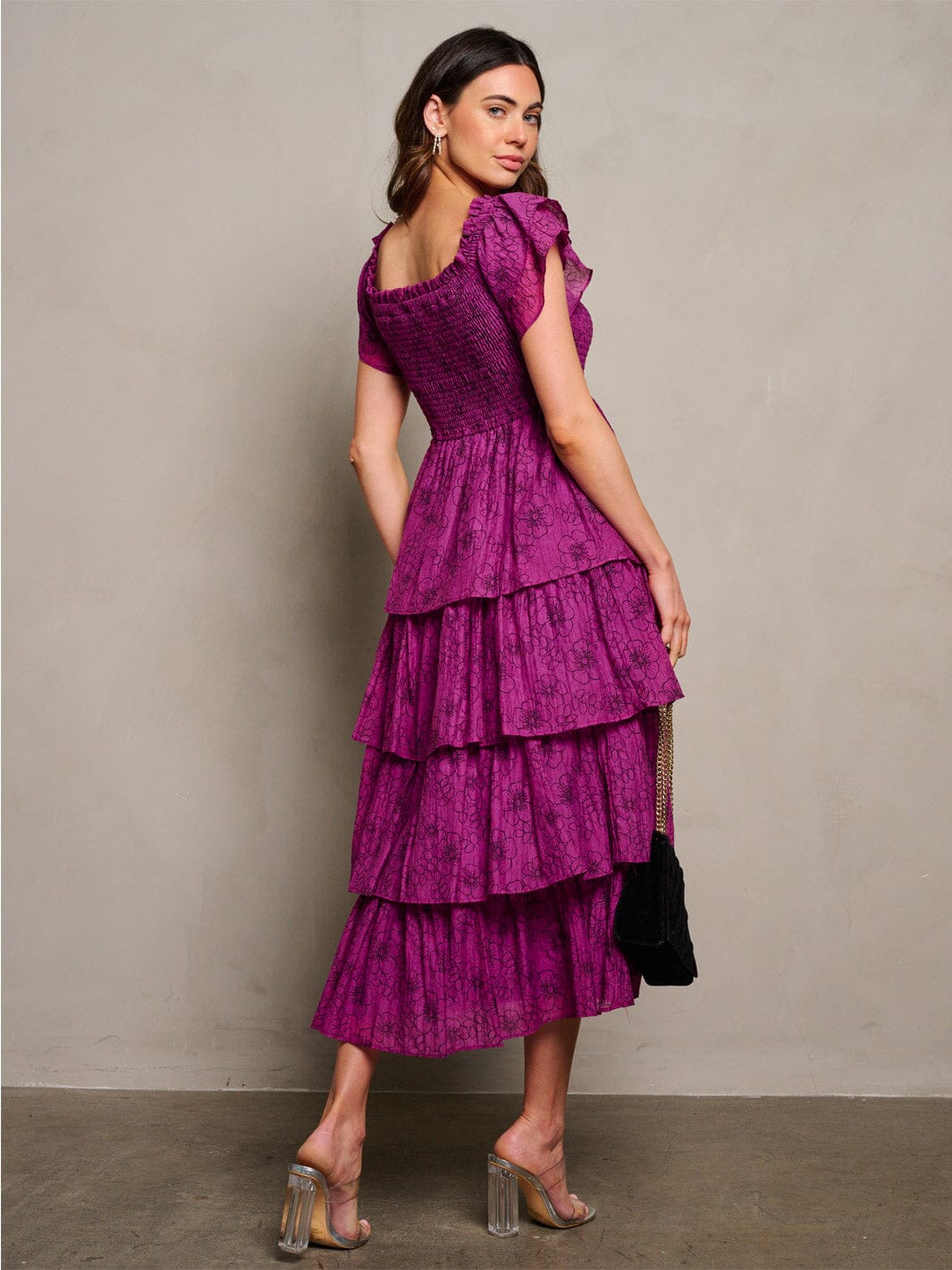 WOMEN'S SHORT SLEEVE SMOCK TIERED RUFFLE FLORAL MAXI DRESS