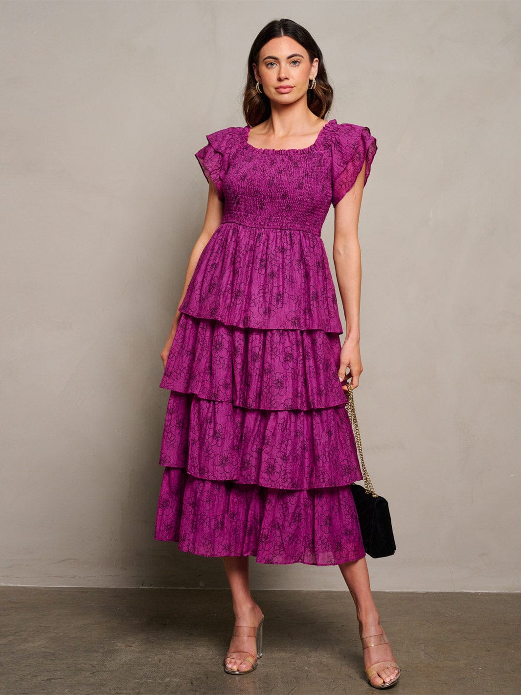 WOMEN'S SHORT SLEEVE SMOCK TIERED RUFFLE FLORAL MAXI DRESS