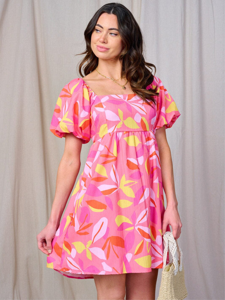 WOMEN'S SHORT SLEEVE TIERED LEAF PRINT MINI DRESS