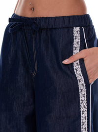WOMEN'S ELASTIC WAIST SELF TIE POCKETS TRIM DETAILED WIDE LEG DENIM PANTS