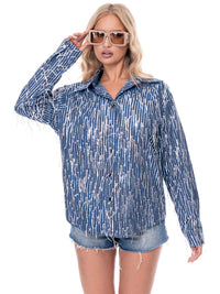 WOMEN'S LONG SLEEVE BUTTON UP SEQUINS FRINGE TOP